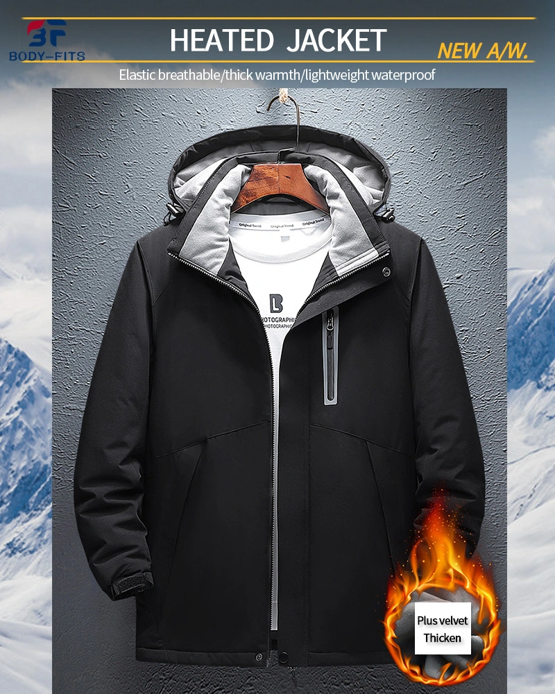 Wholesale Winter Zipper Waterproof Ski Hunting Windbreaker Clothes Heated Jacket with Hoodie