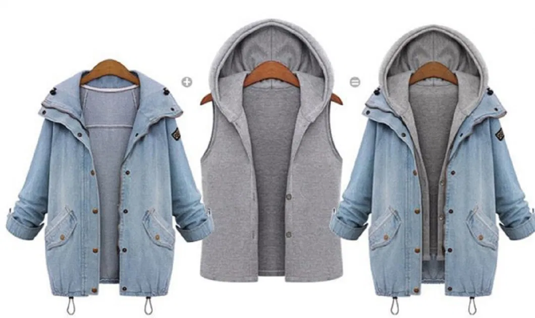 Womens Fashion 2 in 1 Hoodie Denim Jacket Hooded Vest Lining Casual Transition Denim Coat Outerwear Esg13445